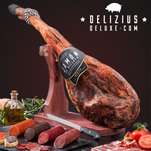 Lot de Jambon + Chorizo + Saucisson + Soubressade + Boudin + Support à Jambon Élégance + Couteau